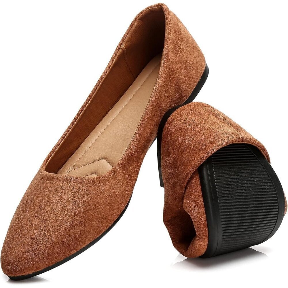 Heawish Flat Shoes Women Tan Suede Toe Slip On Casual Ballet Comfortable Shoes